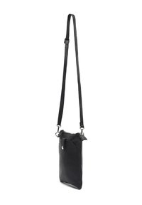 Svart läder crossbody-väska med en strukturerad yta, som har dragkedjestängning, en extern ficka och en justerbar rem för bekvämlighet.