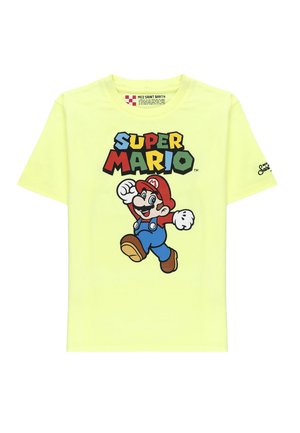 Maglietta gialla a maniche corte con scritta colorata "Super Mario" e il personaggio Mario con cappello rosso e salopette blu che salta sul davanti.
