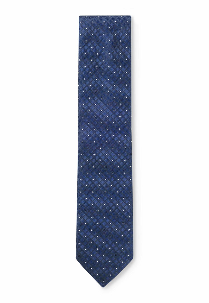 Mörkblå slips med diamantmönster och små vita accenter, tillverkad av slät tyg. Slipsen har en klassisk längd och spetsig topp.