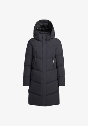 Lang, mørk polstret frakke med hætte, der har lynlås foran, sidelommer og kviltet tekstur i et glat stof.