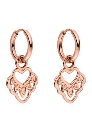 Rose gold hoop earrings with dangling openwork heart and scalloped lace-like design charms.