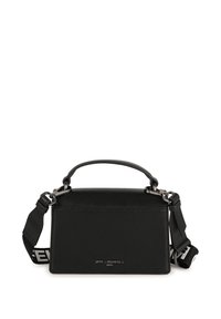 Borsa a mano in pelle nera con design strutturato, dotata di manico superiore e tracolla regolabile con dettagli del logo. Elementi in metallo.