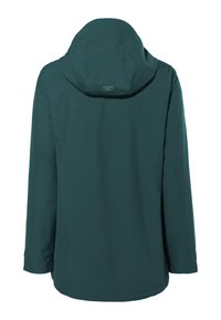 Giacca impermeabile color verde acqua con cappuccio, maniche lunghe e taglio dritto. Presenta un logo discreto sulla parte superiore della schiena e una texture liscia.