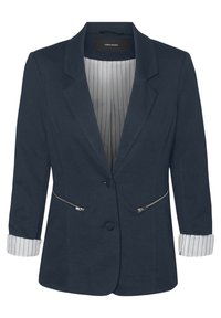 Marinblå blazer med trekvartslånga ärmar, knappstängning och dragkedjefickor. Fodrad med ett randigt mönster vid manschetterna.
