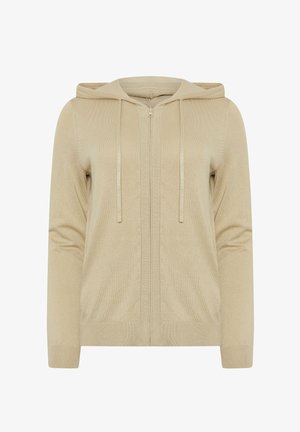 Beige gestrickter Kapuzenpullover mit durchgehendem Reißverschluss, langen Ärmeln, gerippten Bündchen und Kordelzug an der Kapuze.