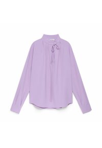 Blusa lilla a manica lunga con colletto alla coreana, chiusura con fiocco, dettagli plissettati al collo e orlo arrotondato. Tessuto morbido e liscio.