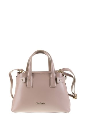 Roze leren handtas met dubbele bovenhandvatten, verstelbare schouderriem, gouden hardware, gestikte details en een voorste logoaccent.