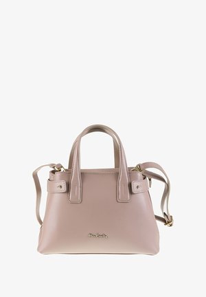 Roze leren handtas met dubbele bovenhandvatten, verstelbare schouderriem, gouden hardware, gestikte details en een voorste logoaccent.