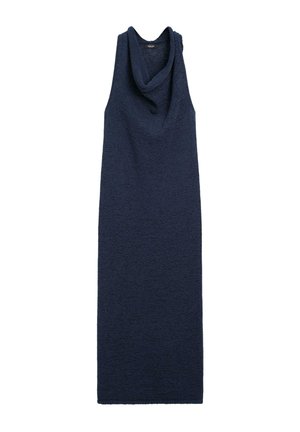 Mouwloze donkerblauwe gebreide maxi-jurk met een losse col, rechte silhouet en gestructureerde stof.