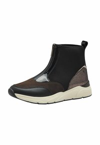 Brązowe i czarne botki za kostkę z zamkiem błyskawicznym, zamszowymi i błyszczącymi akcentami, teksturalnymi bokami oraz wyściełaną podeszwą.