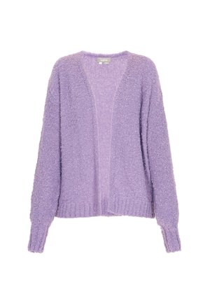 Lilla fluffy cardigan lavet af tekstureret materiale, der har åben front, lange ærmer og ribbede manchetter. Blød udseende med en hyggelig fornemmelse.