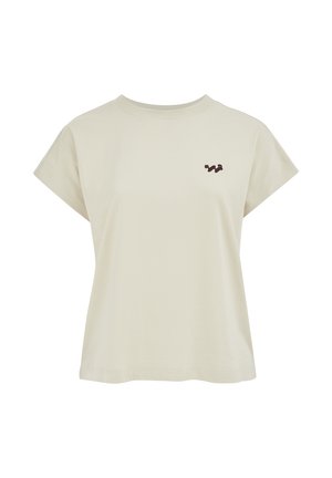 Beebivärviline lühikeste varrukatega T-särk ümar kaelusega, millel on vasakul rinnal väike tumepruun abstraktne logo.