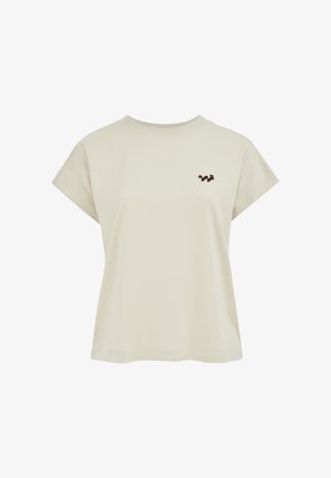 Beebivärviline lühikeste varrukatega T-särk ümar kaelusega, millel on vasakul rinnal väike tumepruun abstraktne logo.