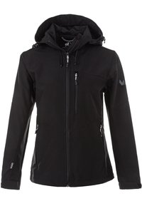 Veste softshell noire à capuche avec fermeture éclair frontale, poche poitrine verticale et poches latérales zippées, conçue pour une utilisation en extérieur.