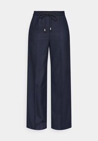 Marinblå vida byxor med elastisk midja, justerbar dragsko och silvermetallaccenter. Slät tyg med lätt lyster.