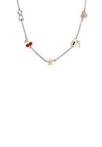 Collar de cadena de plata con encantos de oro y plata: una estrella, un candado y una llave, cerezas y un corazón adornado con strass.