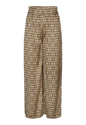 Brown and white patterned wide-legged pants with an elastic waistband, featuring geometric designs and a smooth fabric texture.
