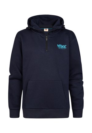 Marineblauwe capuchonsweater met voorrits, kangoeroezak en blauw "Petrol" logo op de linkerborst.
