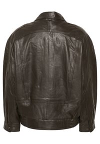 Giacca in pelle marrone scuro vista da dietro con design a pannelli cuciti, polsini regolabili con bottoni a pressione e orlo elastico in vita.