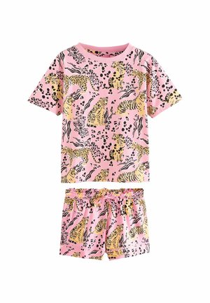 Pink pajama set featuring a short-sleeve top and shorts adorned with leopard and tiger prints in black and yellow, elastic waistband on shorts.