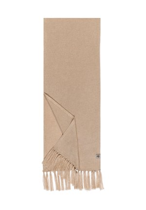 Beige woven textile scarf with fringed ends, folded at one corner, and a small rectangular label near the bottom edge.