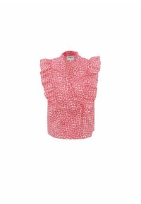 Rote und pinke Bluse mit floralem Muster, die Rüschenschultern, einen runden Halsausschnitt und einen lockeren Schnitt hat. Hergestellt aus leichtem Stoff mit einer strukturierten Optik.