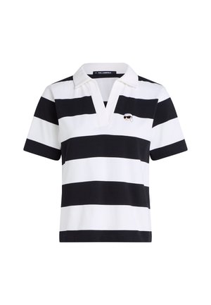 Lyhythihainen polo-paita, jossa on mustavalkoisia vaakaraitoja, kauluksellinen pääntie ja pieni brodeerattu logo rinnassa.