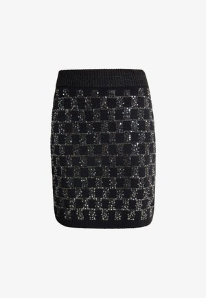 Czarna dzianinowa spódnica z cekinowym wzorem w kratkę, zaprojektowana z dopasowanym krojem i prążkowanym pasem.