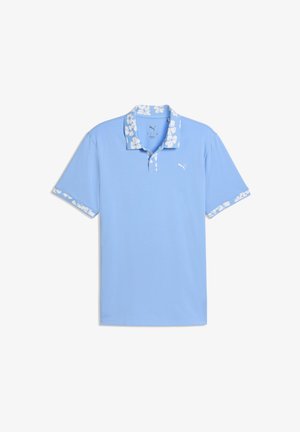 Polo azzurro chiaro con colletto e polsini delle maniche a motivo floreale. Presenta un logo frontale e una vestibilità classica. Materiale in cotone liscio.