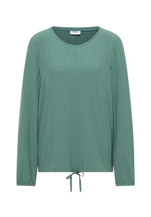 Haut vert à manches longues avec un col rond, présentant des rayures verticales blanches et un cordon de serrage à l'ourlet pour un ajustement réglable.