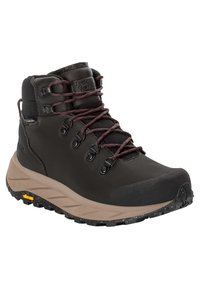 Schwarzer Wanderschuh mit einem synthetischen Obermaterial, brauner Zwischensohle, strapazierfähiger Gummisohle und dunkelburgunderroten Schnürsenkeln. Verfügt über Metallösen und einen strukturierten Kragen.