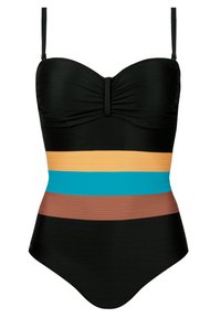 Czarny jednoczęściowy strój kąpielowy z usztywnionym biustem, z poziomymi paskami w kolorze pomarańczowym, turkusowym i brązowym na środkowej części.