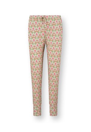 Beige pants with pink, brown, and green floral pattern, elastic waistband, and drawstring tie.