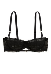 Soutien-gorge en dentelle noire avec motif floral, bonnets semi-transparents, bretelles réglables et accents en métal doré. Doté d'une délicate finition en dentelle.