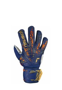 Guanto da portiere con un corpo blu navy, dettagli arancioni e dorati, modelli di presa strutturati e un cinturino per il polso sicuro.