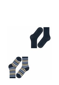 Zwei Paar Socken: ein Paar in einfarbigem Marineblau mit glatter Textur, das andere mit blauen und beigen Streifen auf dunklem Hintergrund, knöchellang.