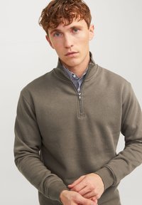Olijfgroene sweatshirt met kwart rits, van een katoenmix, met ribgebreide manchetten en kraag, gedragen over een gestreept shirt.
