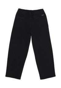 Svarta denimbyxor med elastisk midja, rak benpassform, två bakfickor och en liten logodetalj nära midjan.