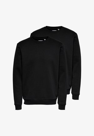 Twee zwarte ronde hals sweaters van een katoenmix. Kenmerken zijn ribgebreide manchetten en onderrand, met een vlak ontwerp en zonder zichtbare logo's of patronen.