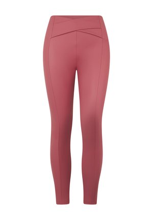 Vaaleanpunaiset korkeavyötäröiset leggingsit, joissa on ristiin menevä vyötärönauha, sileä pinta ja litteät saumat lisämukavuutta varten.