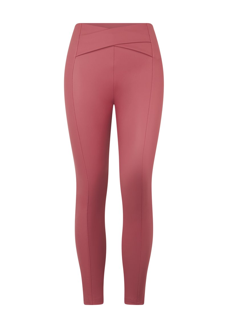 Vaaleanpunaiset korkeavyötäröiset leggingsit, joissa on ristiin menevä vyötärönauha, sileä pinta ja litteät saumat lisämukavuutta varten.