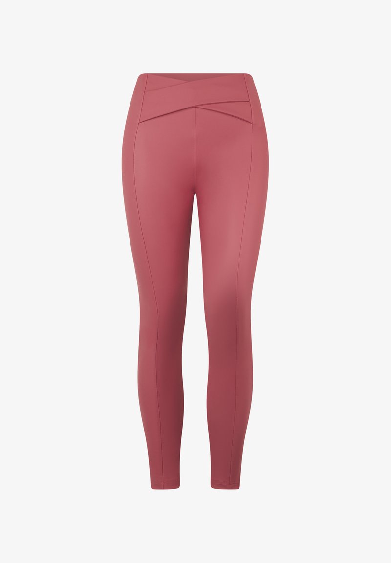 Leggings fucsia a vita alta con design della cintura incrociato, texture liscia e cuciture piatte per un comfort aggiuntivo.