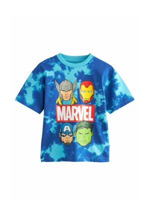 Blaues Batik-T-Shirt mit Marvel-Superhelden-Grafiken: Thor, Iron Man, Captain America und Hulk. Kurze Ärmel, Rundhalsausschnitt.