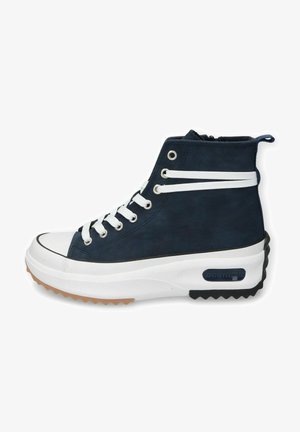 Blauer High-Top-Sneaker aus Wildleder mit weißen Schnürsenkeln, Gummisohle und einer kontrastierenden Gummisohle. Verfügt über eine abgerundete Zehenpartie und strukturierte Akzente.