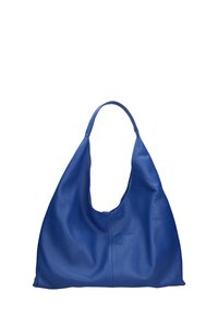Borsa hobo in pelle blu con una texture morbida, forma morbida e una tracolla singola. Presenta dettagli in grana naturale sulla superficie.
