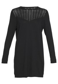 Abito in maglia nero a maniche lunghe con un pannello trasparente a motivi a zig-zag testurizzati sulla parte superiore del petto e delle spalle.