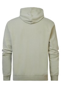 Felpa verde chiaro con cappuccio e maniche lunghe, texture liscia e polsini a coste. Presenta un design semplice e non decorato.