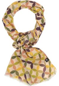 Sciarpa multicolore con un motivo astratto a foglia in verde, viola e giallo su uno sfondo beige chiaro, con bordi frangiati.