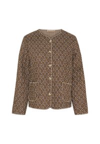 Brun mønstrede jakke med geometrisk design, knaplukning og to frontlommer. Kantet med en kontrasterende stribet krave.