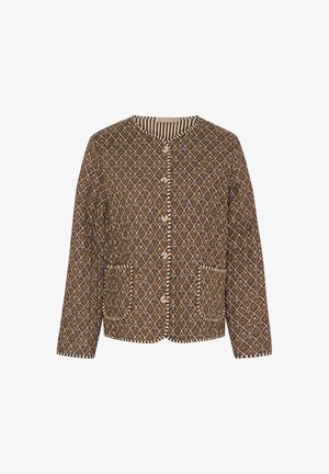 Brun mønstrede jakke med geometrisk design, knaplukning og to frontlommer. Kantet med en kontrasterende stribet krave.